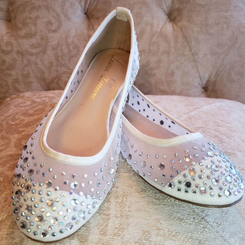 Flat white rhinestone shoes